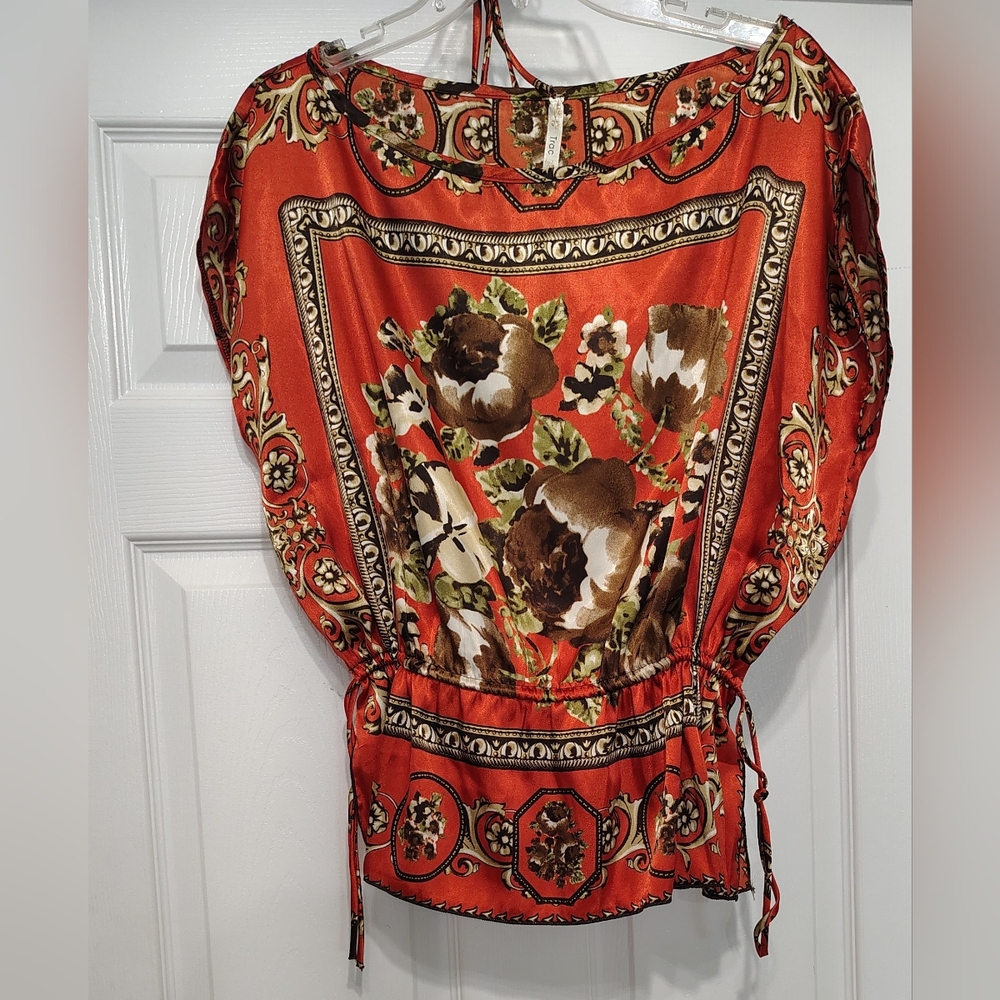 Luxury Scarf Styled Satin Orange Blouse w Cinched Waist Sz M-XL